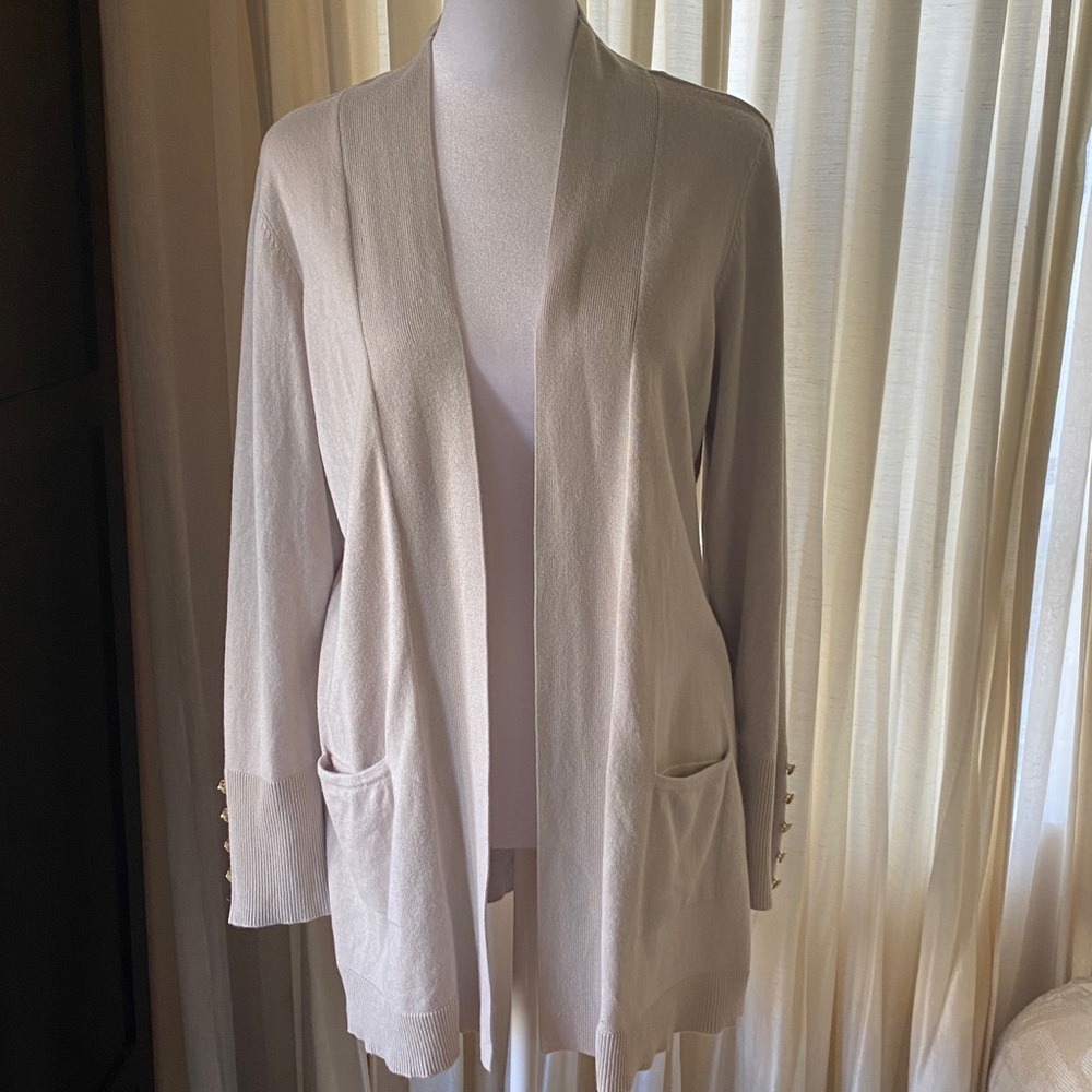 JM Collection Beige Open-Front Cardigan